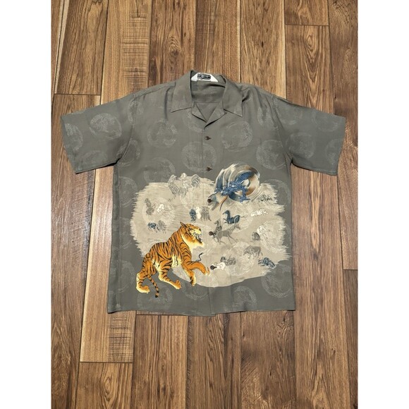Vtg RARE Hinahina Honolulu Hawaii Tiger Dragon Y2K AOP Grey Silk Button Up XL - Picture 1 of 8